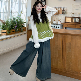 百搭打底T恤 胖mm2026新款 针织吊带 牛仔阔腿裤 大码 显瘦套装 女装