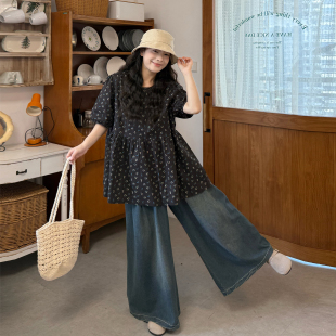 日系碎花两件套宽松型女夏季泡泡袖上衣阔腿牛仔裤微胖mm大码套装
