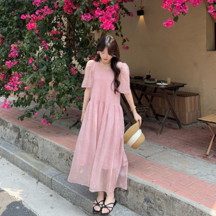 雪纺连衣裙宽松A字度假风长裙两件套 夏温柔风粉色泡泡袖 大码 女装