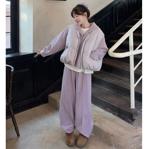 香芋紫棉服马甲休闲卫衣阔腿套装