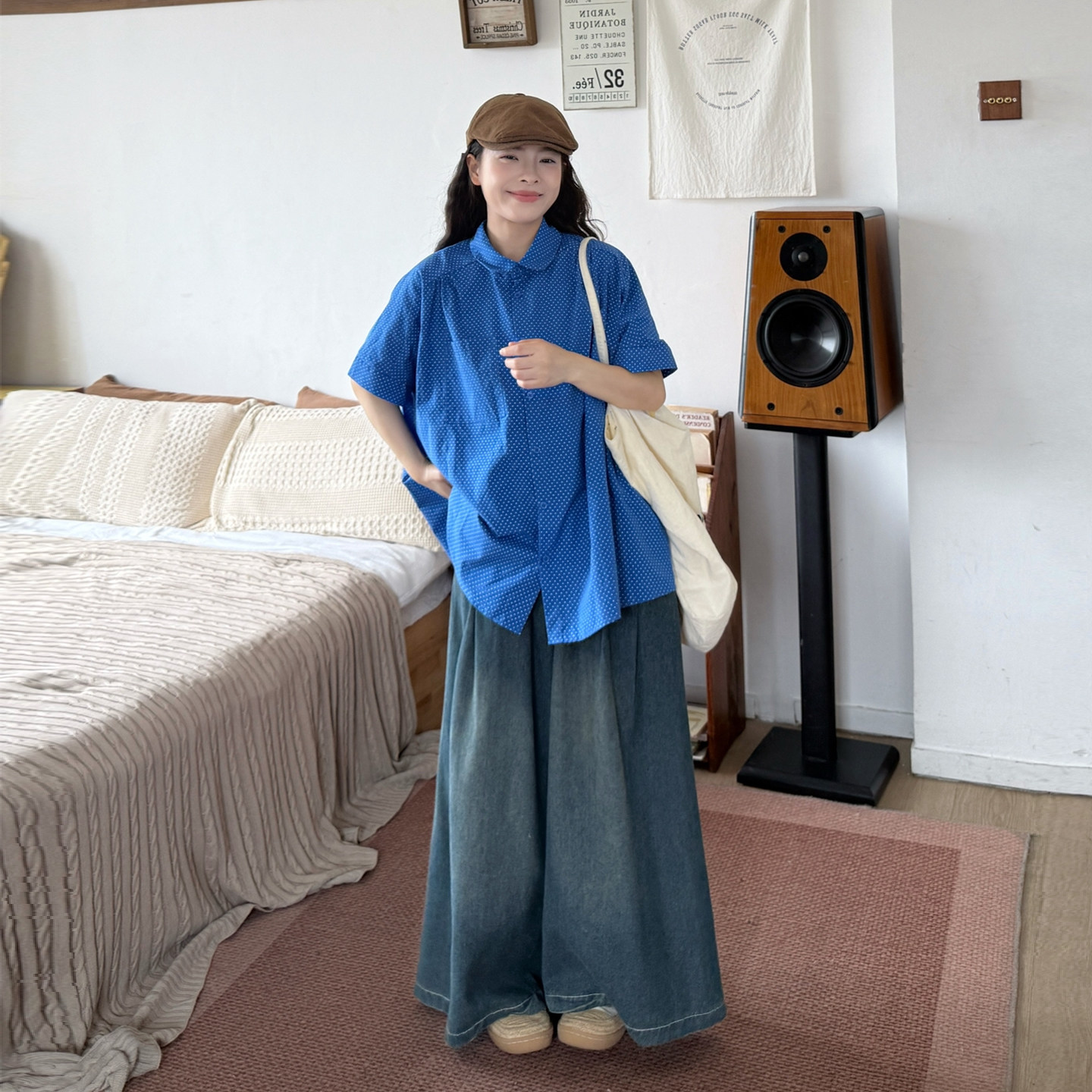日系大码女装夏季圆点衬衫牛仔阔腿裤两件套宽松显瘦减龄通勤套装