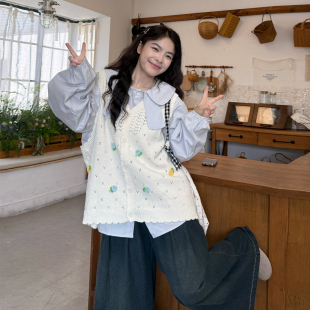 大码女装2026春季日系胖mm甜美娃娃领针织马甲衬衫牛仔裤三件套装