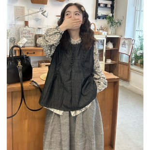 花边拼接半身裙套装 大码 木耳边牛仔背心 2025秋胖mm复古衬衫 女装