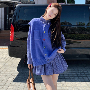 连衣裙套装 大码 格子衬衫 2025胖mm复古圆领彩色纽扣针织马甲 女装