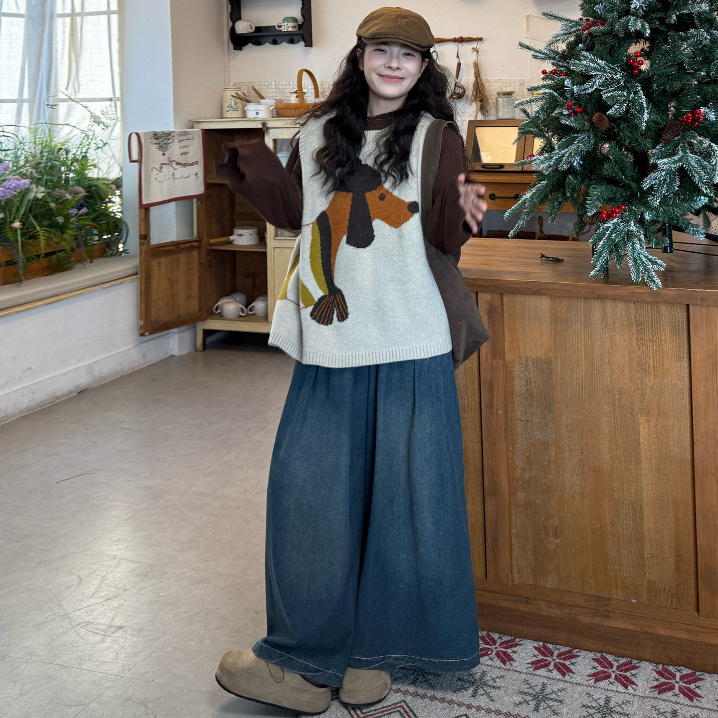 大码女装2026早春胖mm百搭打底T恤+宽松刺绣马甲+牛仔阔腿裤套装