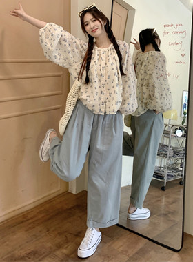 小清新碎花圆领宽松衬衫+阔腿裤