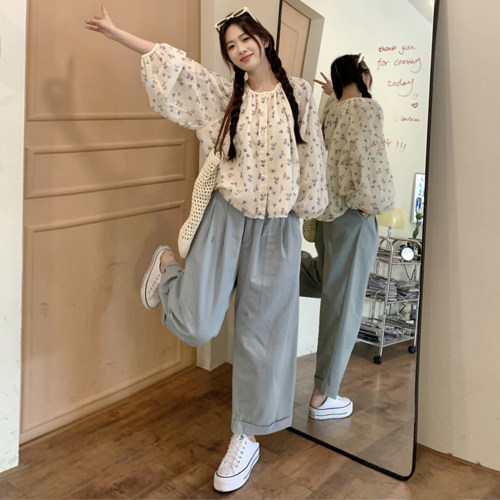 小清新碎花圆领宽松衬衫+阔腿裤
