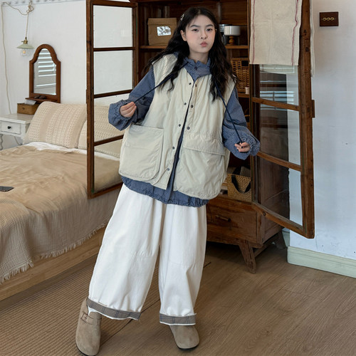 2025复古夹棉马甲连帽衬衫休闲裤