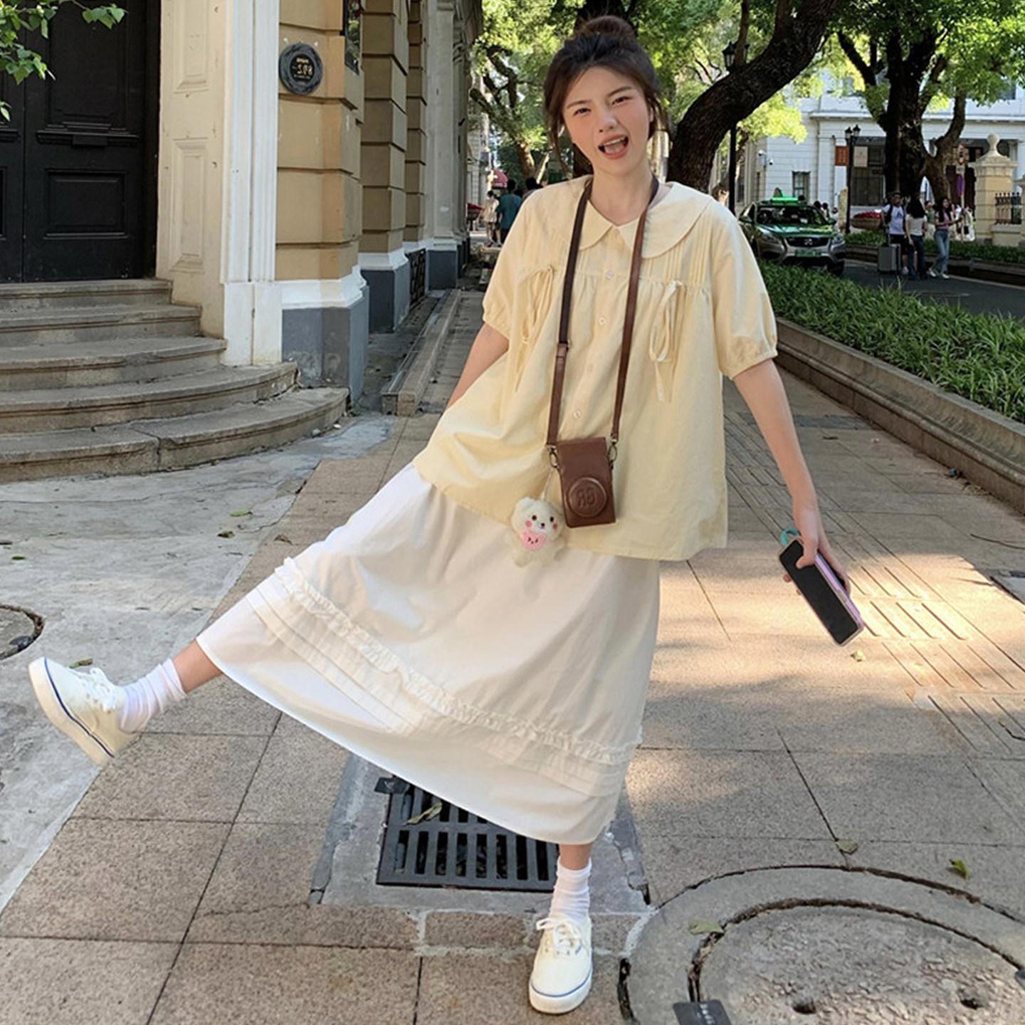 大码女装胖mm显瘦套装日系褶系带蝴蝶结娃娃领衬衫高腰显瘦半身裙