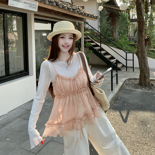 大码女装2026早春新款胖mm甜美可爱木耳边雪纺吊带+叠穿小衫套装