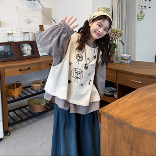 新宽松格纹长袖 秋季 衬衫 叠穿刺绣马甲背心 三件套 大码 牛仔裤 女装