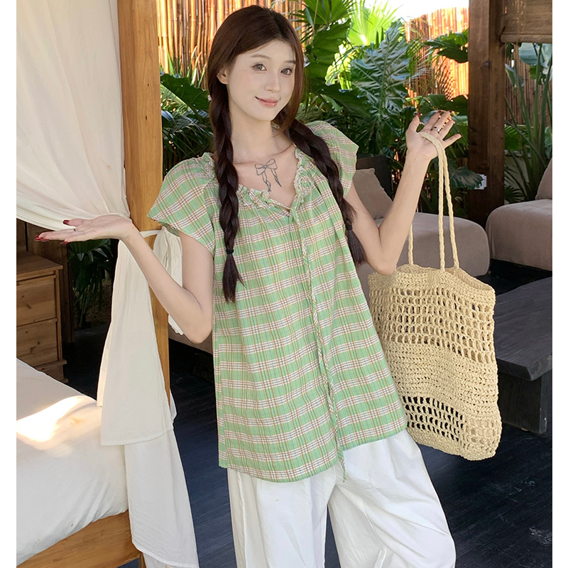 夏木耳边系带甜美减龄格子纹衬衫