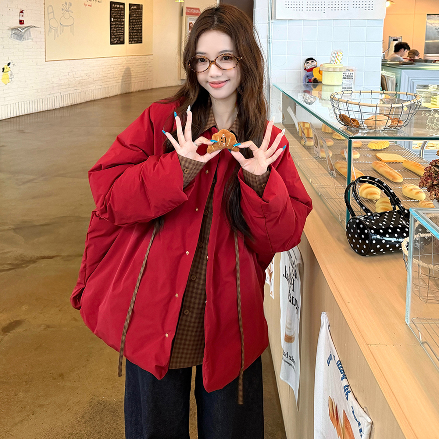 圣诞新年氛围感红色棉服格纹衬衫