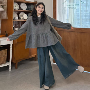 大码女装2026春季胖mm韩版宽松花边领拼卫衣+阔腿牛仔裤显瘦套装