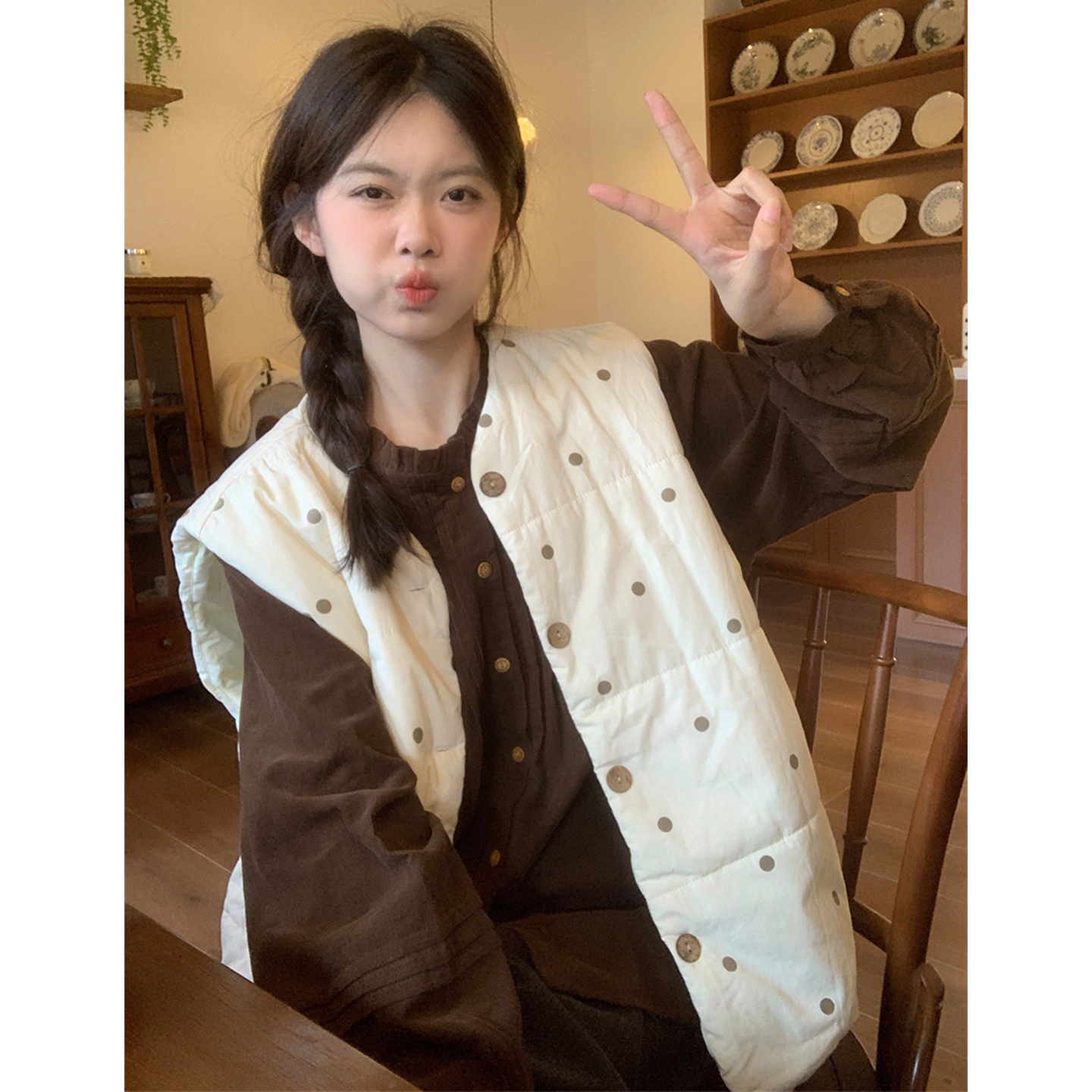 波点加厚保暖棉马甲+上衣两件套