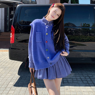 大码女装2026胖mm复古圆领彩色纽扣针织马甲+格子衬衫连衣裙套装