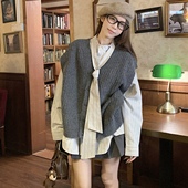 大码 百搭马甲两件套 学院风宽松可叠穿条纹领带衬衫 女装 2025秋季