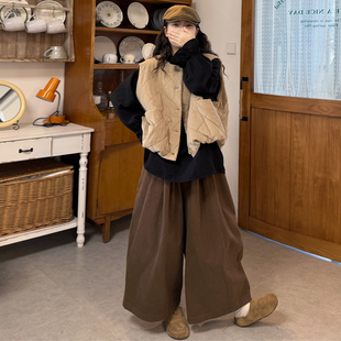 大码女装胖mm2025秋冬花边领打底T恤灯芯绒夹棉马甲+裤子显瘦套装