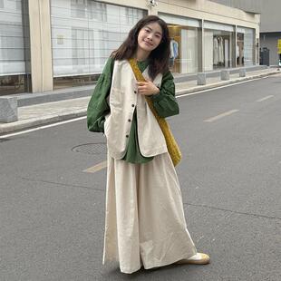 大码女装2026年早春新款韩系简约百搭日系棉麻衬衫+马甲+裤子套装