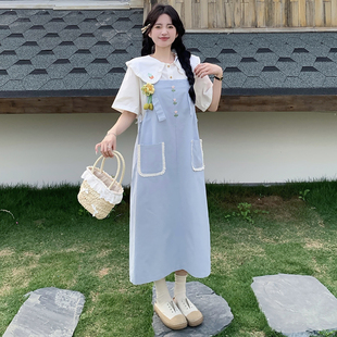 背心裙套装 大码 胖mm森系学院风甜美部落娃娃领衬衫 女装 2025夏季