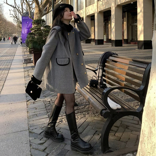 大码女装2025冬季胖mm韩版宽松气质高级感撞色双排扣呢料大衣外套