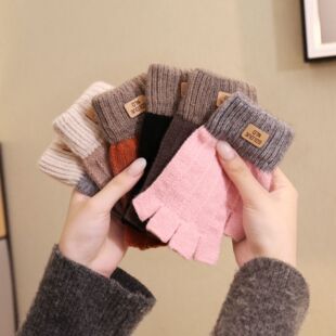 露出手指的手套半指冬季女生露指毛线加绒保暖防寒学生写字手套