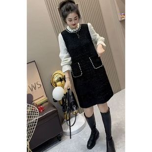 小香风连衣裙女2025年冬季新款时尚小个子法式气质长袖假两件裙子