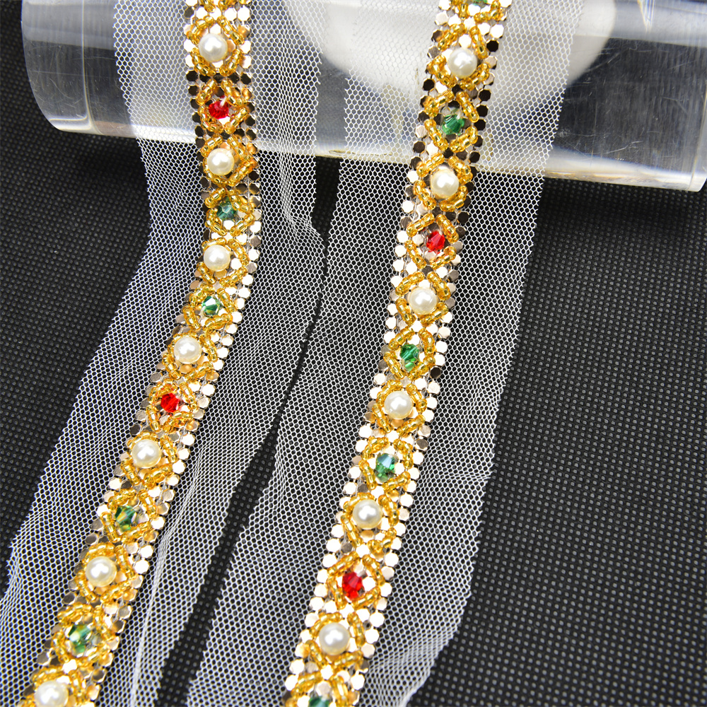 新品手工金色钉珠小香风珍珠花边织带diy衣领装饰花边带服装辅料