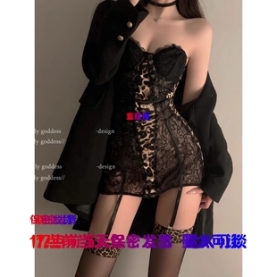 性感睡衣新款纯欲蕾丝拼接豹纹抹胸诱惑连衣裙低胸火辣包臀睡裙女