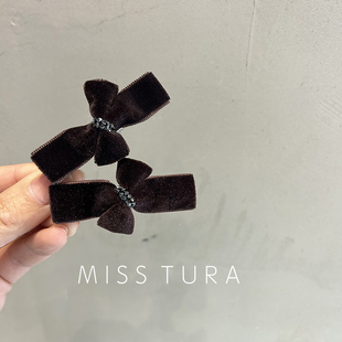 Tura韩国进口丝绒蝴蝶结带钻质感鸭嘴夹刘海夹侧边发夹 Miss