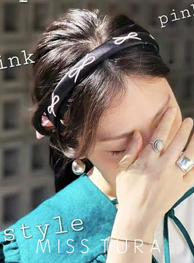 Miss Tura韩国进口蝴蝶结刺绣黑色缎面显高颅顶束发头箍发卡