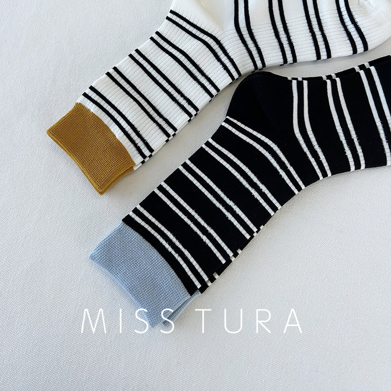 Miss Tura韩国进口条纹中筒透气好看女袜棉袜