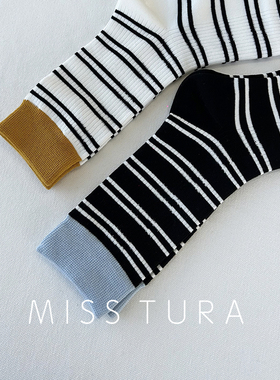 Miss Tura韩国进口条纹中筒透气好看女袜棉袜