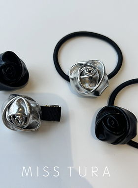 Miss Tura韩国进口黑色银色玫瑰花蕾简约边夹扎马尾发绳头绳