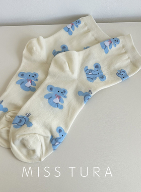 Miss Tura韩国进口卡通蓝色小象女袜白色中筒棉袜
