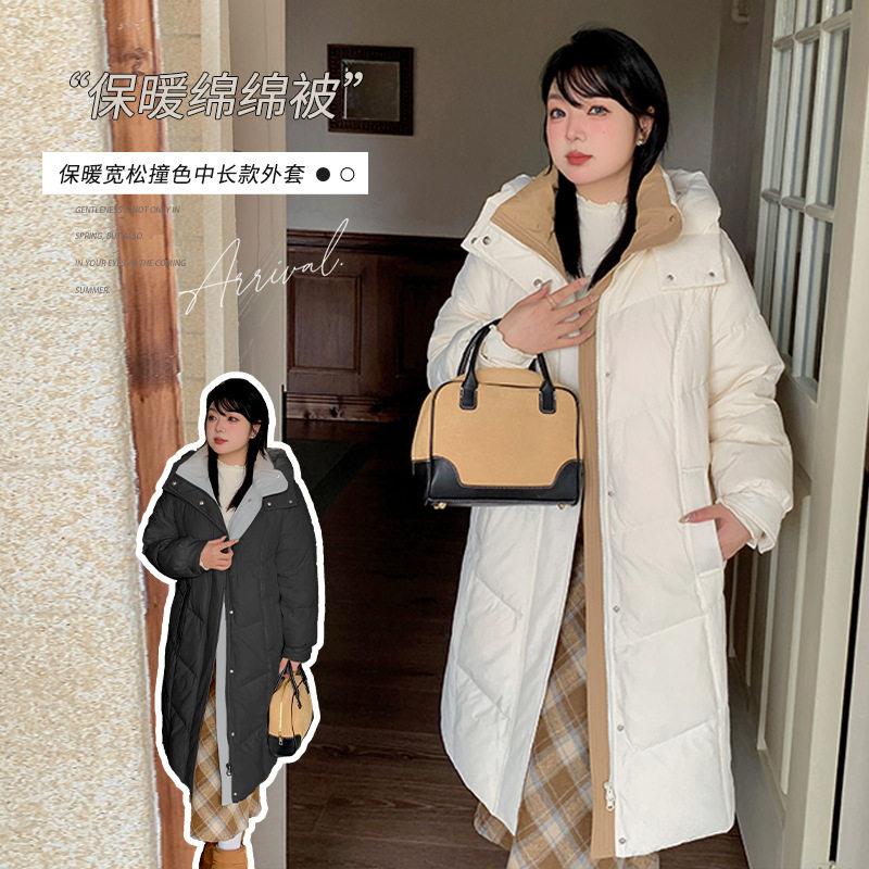 伊轩唯儿大码女装撞色中长款保暖外套2025冬季新款显瘦保暖面包服