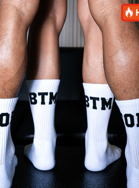 sockkon 男士白黑色TOP/BTM运动袜高筒长筒健身休闲毛巾底棉袜走