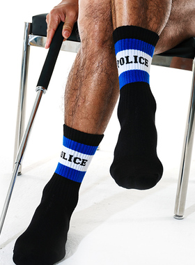 sockkon 袜子控男士黑色POLICE字母运动袜中高筒健身毛巾底棉袜