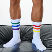 sockkon 三条杠彩虹条纹运动袜中高筒健身精梳毛巾底棉袜子 男士