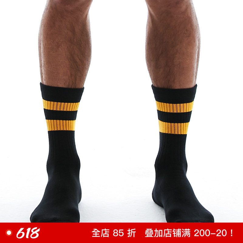 sockkon 男士毛巾底黑色黄两条杠条纹橙黄色运动袜高筒健身袜子