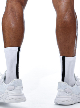 sockkon 男士高筒白色黑竖条纹莱卡纤维运动毛巾底棉袜子手工缝头