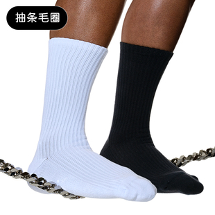 SOCKKON 高筒黑白素色抽条毛巾底运动手工无骨缝头健身棉袜子 男士