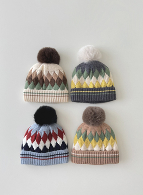 哆啦布丁62229宝宝帽冬季韩版男童毛球针织帽护耳小孩婴儿毛线帽