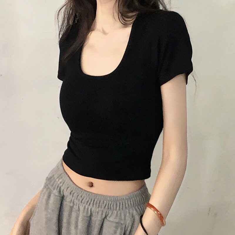 性感露脐U领短袖黑色显瘦T恤