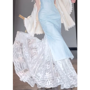 旗袍内衬裙新中式复古夏季薄款白色蕾丝a字裙旗袍专用鱼尾打底裙