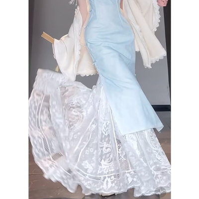旗袍内衬裙新中式复古夏季薄款白色蕾丝a字裙旗袍专用鱼尾打底裙