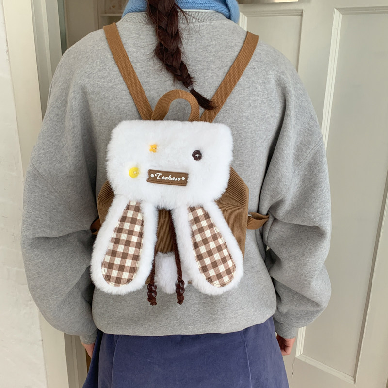 可爱毛绒兔耳朵双肩包女学生百搭迷你幼儿园书包灯芯绒少女心背包