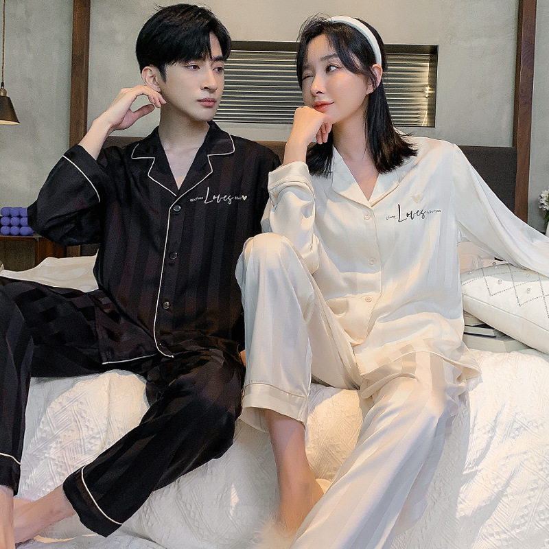 남성과 여성을위한 DGVV 실크 커플 잠옷 하이 엔드 100% 뽕나무 실크 여름 얇은 긴팔 바지 투피스 홈웨어 세트
