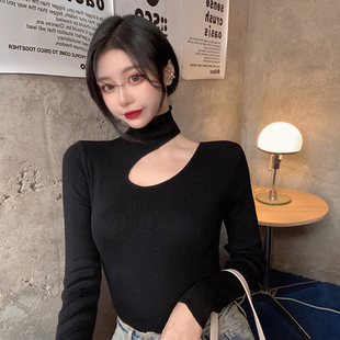 法式2021早秋上衣女ins原创内搭心机性感镂空锁骨针织个性打底衫