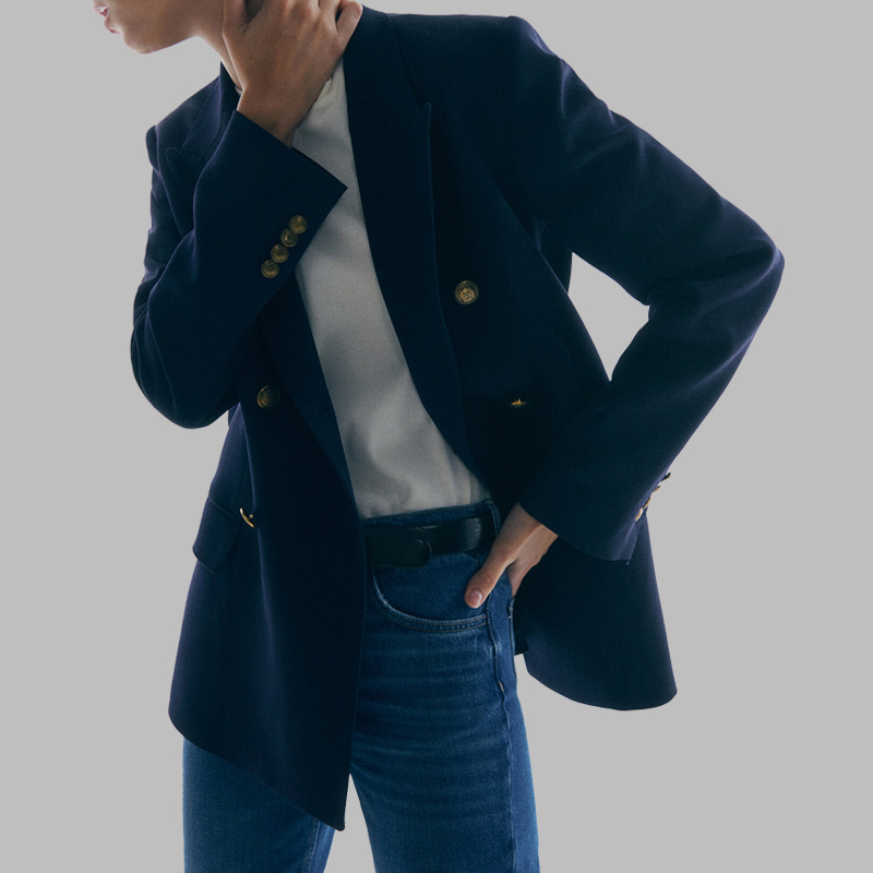 开春MD深藏蓝色双排扣羊毛西装女